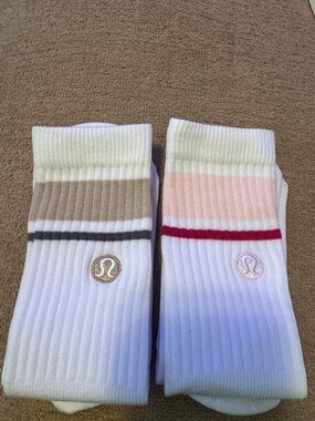 Lululemon Unisex  athletica White Crew Socks with Beige, Pink & Red Accents